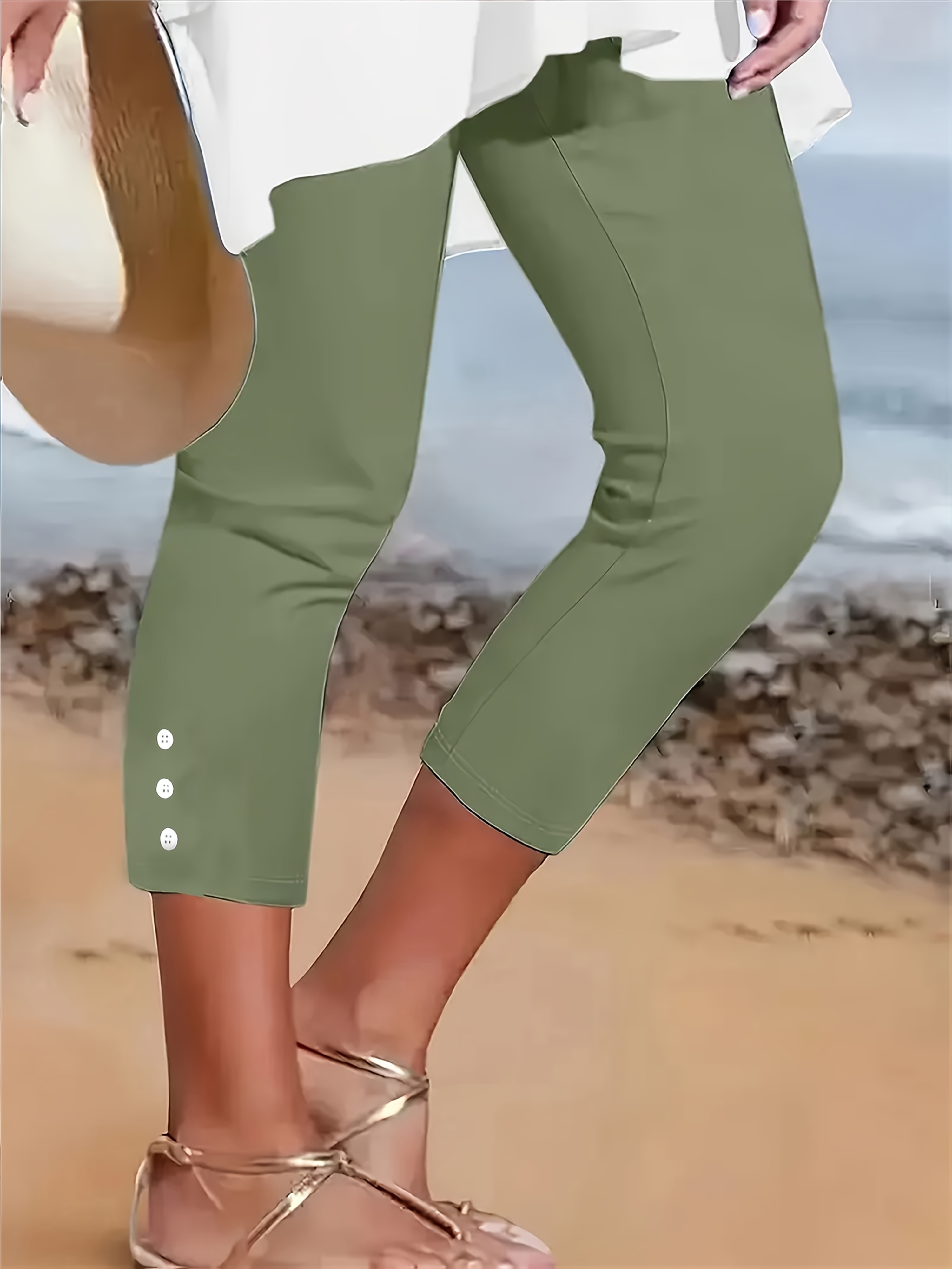 item picture womens elegant solid color capri pants stretchy button front design machine washable spring summer casual to dressy trousers summer trousers nontransparent fabric