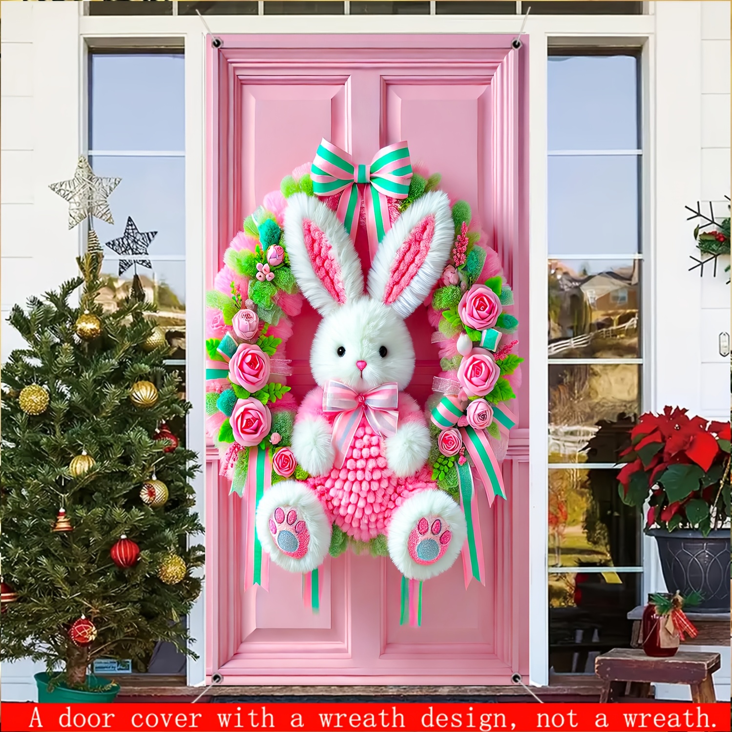 

2d Door Banner, 1pc 2d Door Banner Easter Rabbit Wreath Door Frame Banner - Pink Polyester Door Flag Spring And Easter Decoration, Indoor And Outdoor Party Supplies, No Power Required