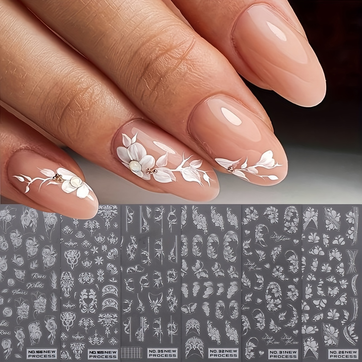 

6pcs White Flower Nail Art Stickers - Self-adhesive, Decals For Elegant & Pedicures