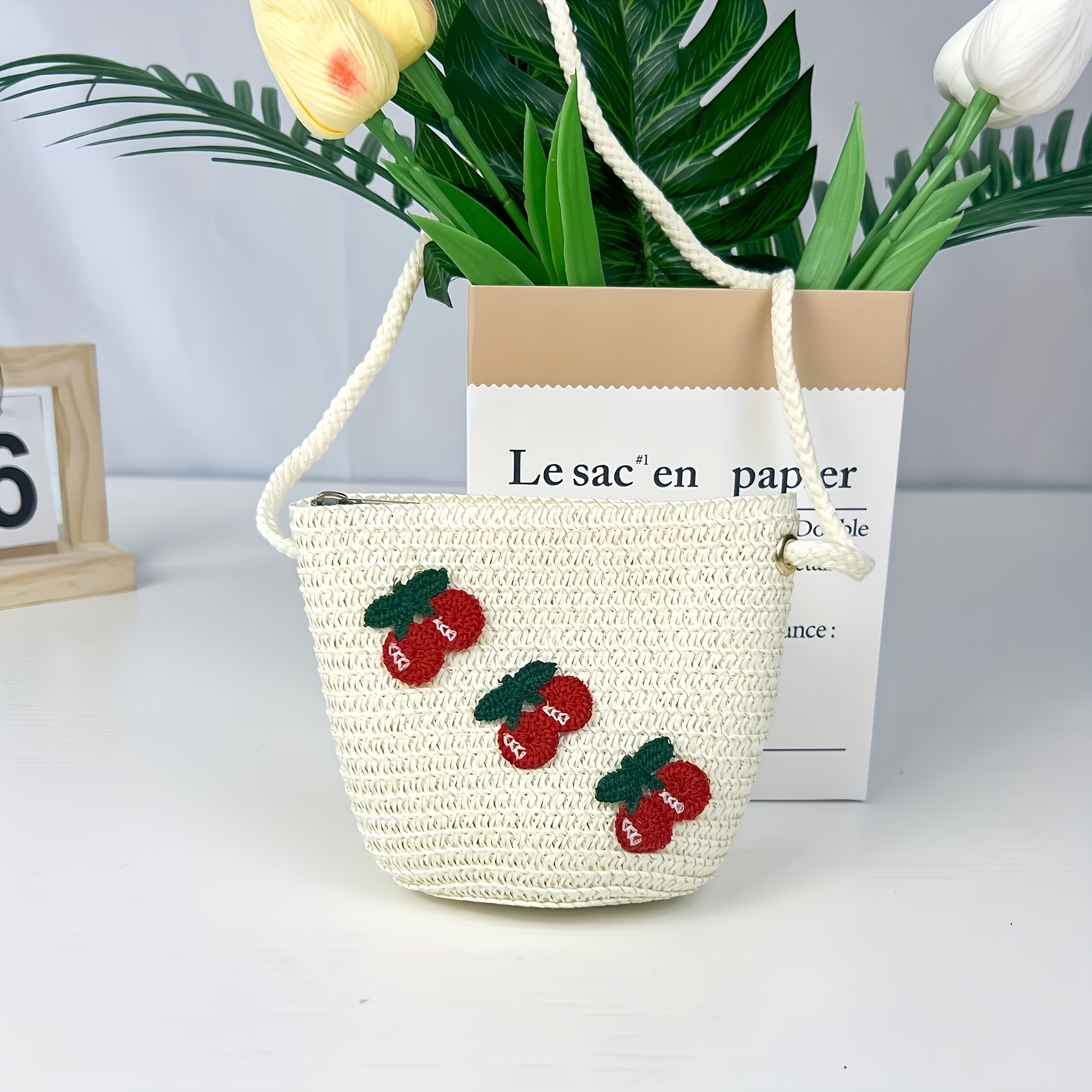 Image of 1 Cherry Decorative Cute Crossbody Bag With Adjustable Strap And Zipper Closure, Small Woven Coin Purse, For Teenager