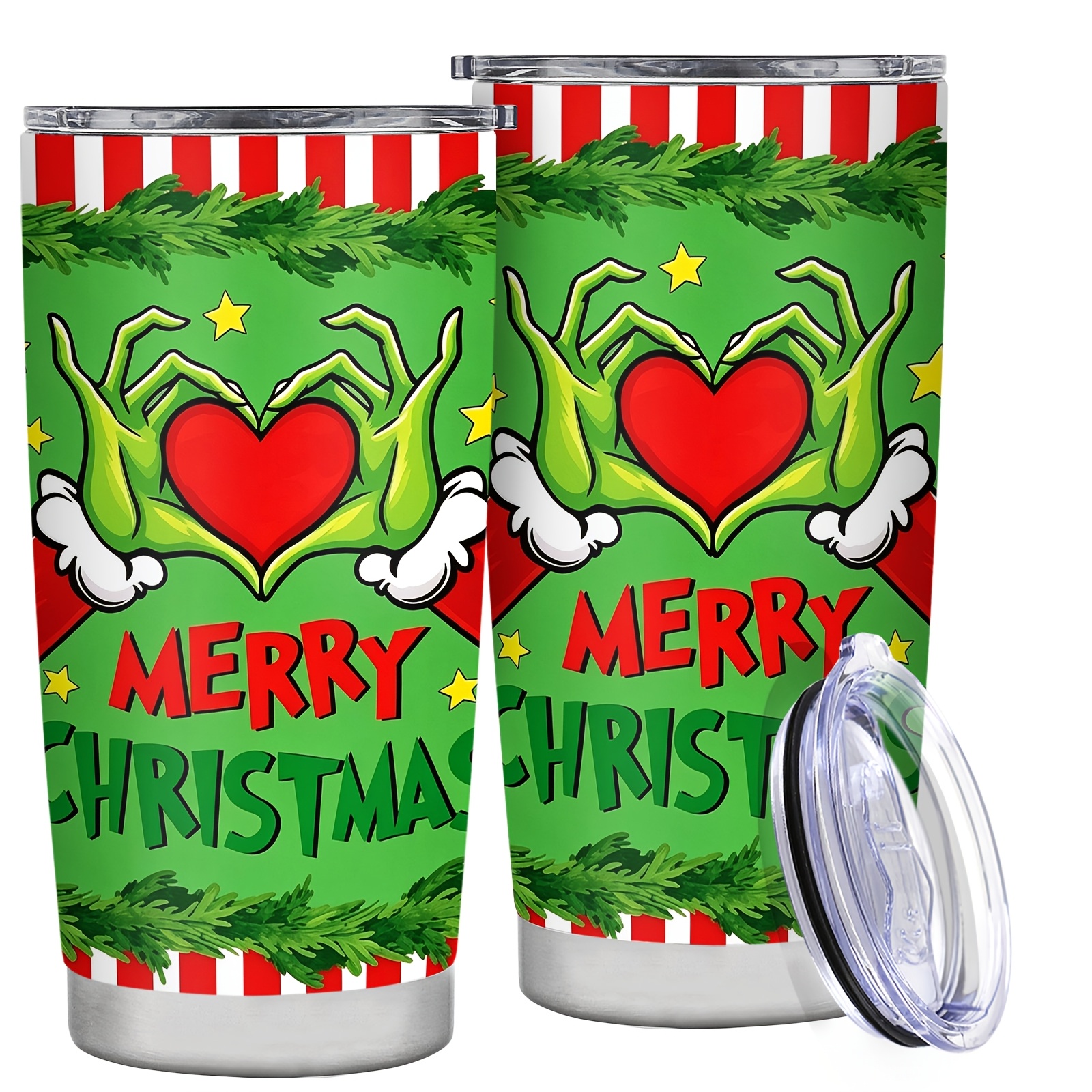 TEMU 20oz 1pc Stainless Steel Tumbler Merry Christmas Green Heart Hands Print Insulated Travel Cup Double Wall Vacuum Leak Proof Lid Christmas Gift