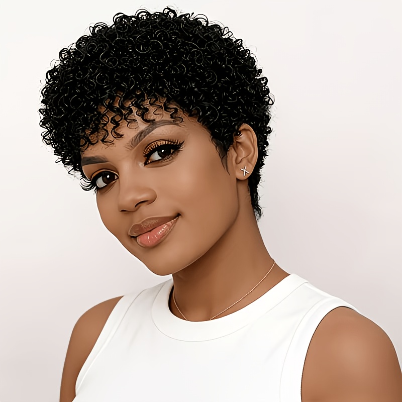 TEMU Women's Brazilian Remy Human Hair Wig Suitable For - 150% Density Afro Cut With Bangs, Glueless Short Curly Wig For Daily Wear, Machine-made