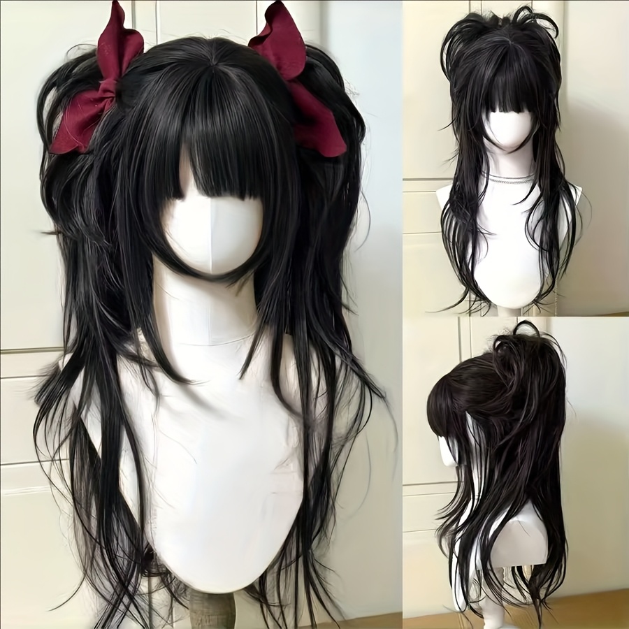 TEMU Peluca elegante con de caballo y flequillo - Cabello sintético largo y en color , peluca de cosplay y Halloween para mujeres, gorro de red de