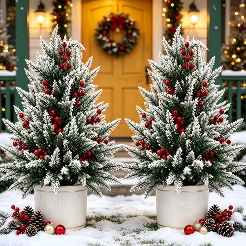 item picture 2 sets of extra large christmas outdoor artificial pine and ground stakes dense green needles covered with white snow realistic and full uv resistant plants suitable for front doors fireplaces christmas trees