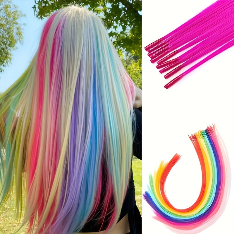 

50pcs Rainbow I-tip Synthetic Hair Extensions, Straight Highlight Hair Pieces For All Hair Types, Unscented, Visually-enhanced Feather Extensions For Men & Women