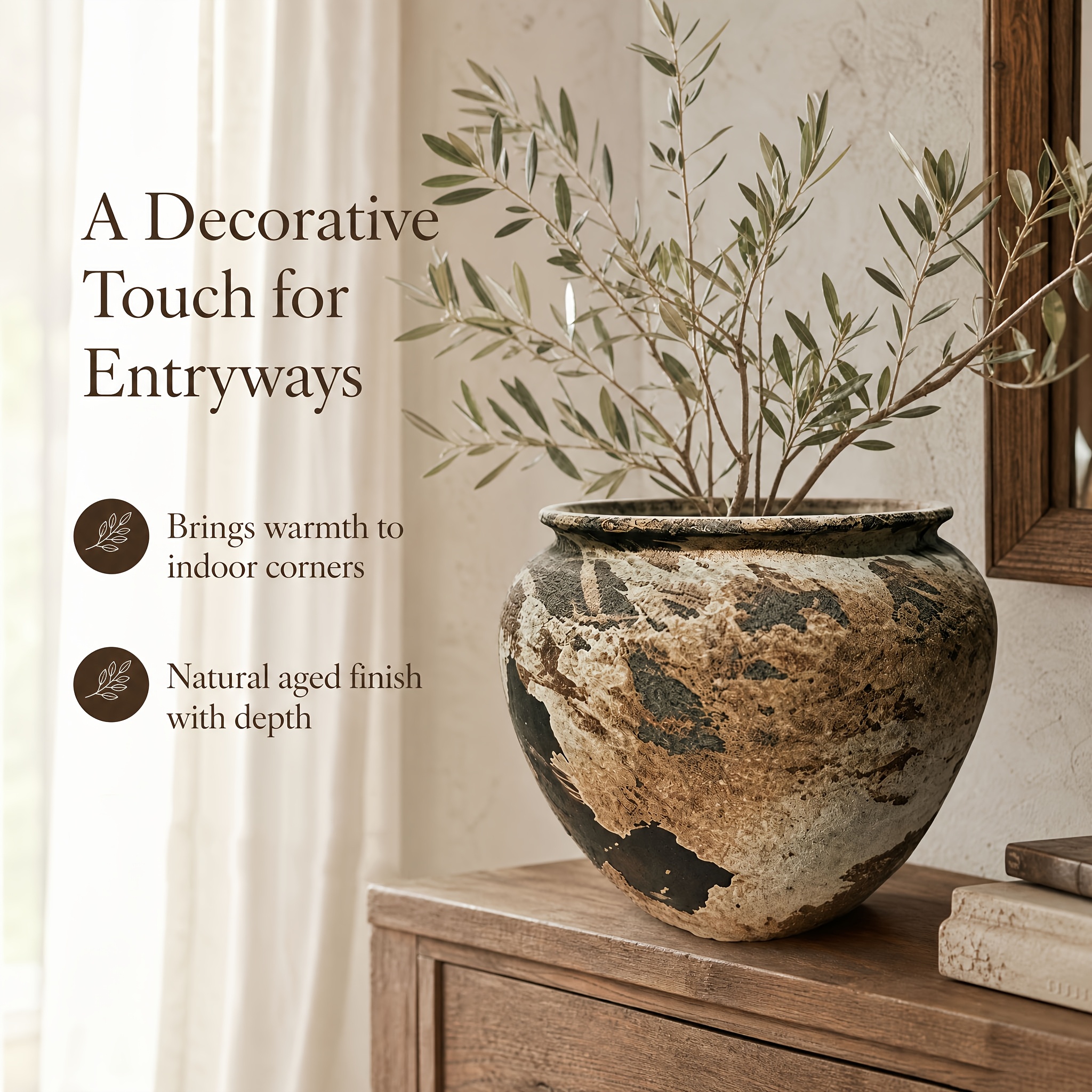 Rustic Wabi-Sabi Ceramic Flower Pot, Approx 15.24cm Tall Wide Mouth Planter, Weatherproof Pot with Drainage, Perfect for Indoor Desktop, Shelf Decor & Outdoor Patio, Deck, Garden, Farmhouse & Cottagecore Style, Natural Earthy Tone Gardening Gift,home