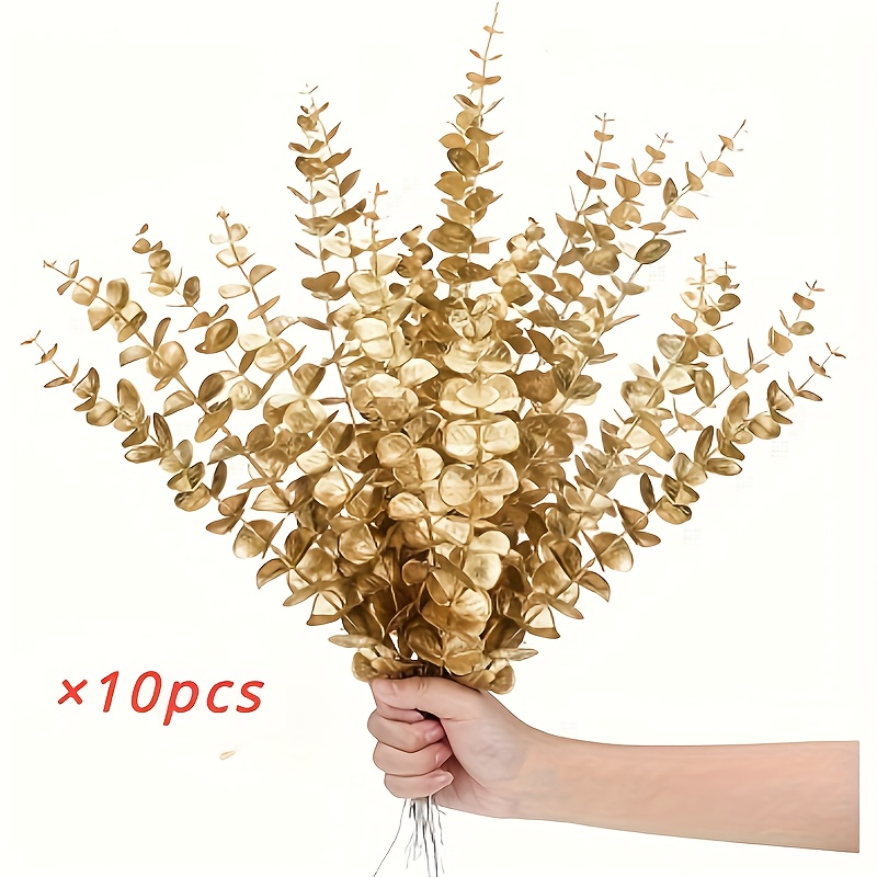 Image of 10pcs Golden Eucalyptus Branch Set - Uv-resistant Artificial Leaves, Perfect For Home And Wedding Decorations, Ideal Spring Vase Filler & Table Accent
