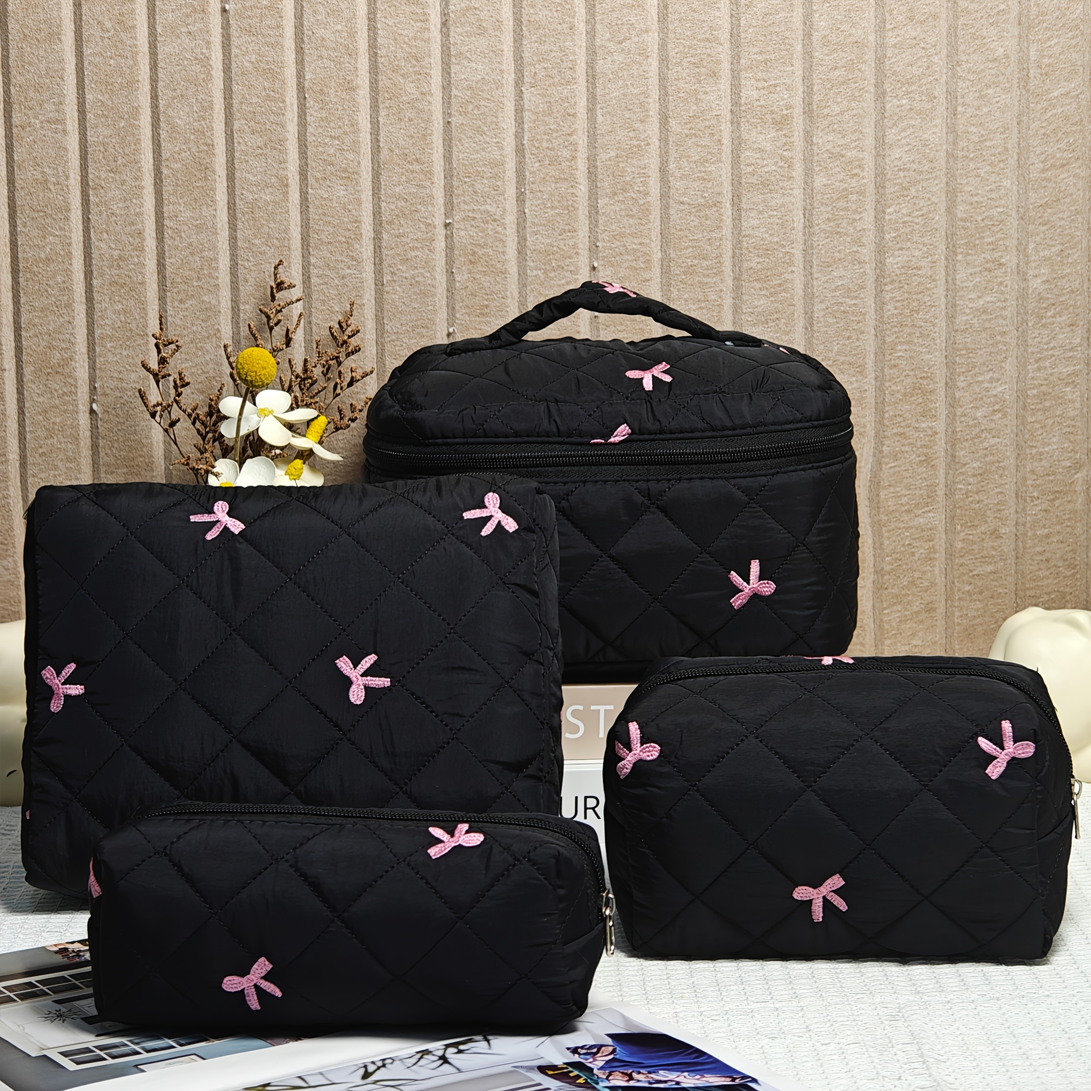 Image of Elegant Bow Makeup Bag Set (tote Bag, Clutch), Portable Multifunctional Storage Bag, Large Capacity Makeup Bag For Daily Use, Holiday Gift, Minimalist Stylish Elegant Niche High-end, Washable