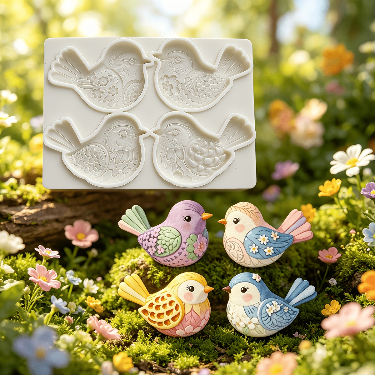 TEMU 1 moule à fondant pour décoration de gâteau "oiseau rond", 4 cavités, motif forêt avec animaux mignons, moule en silicone pour chocolat, idéal