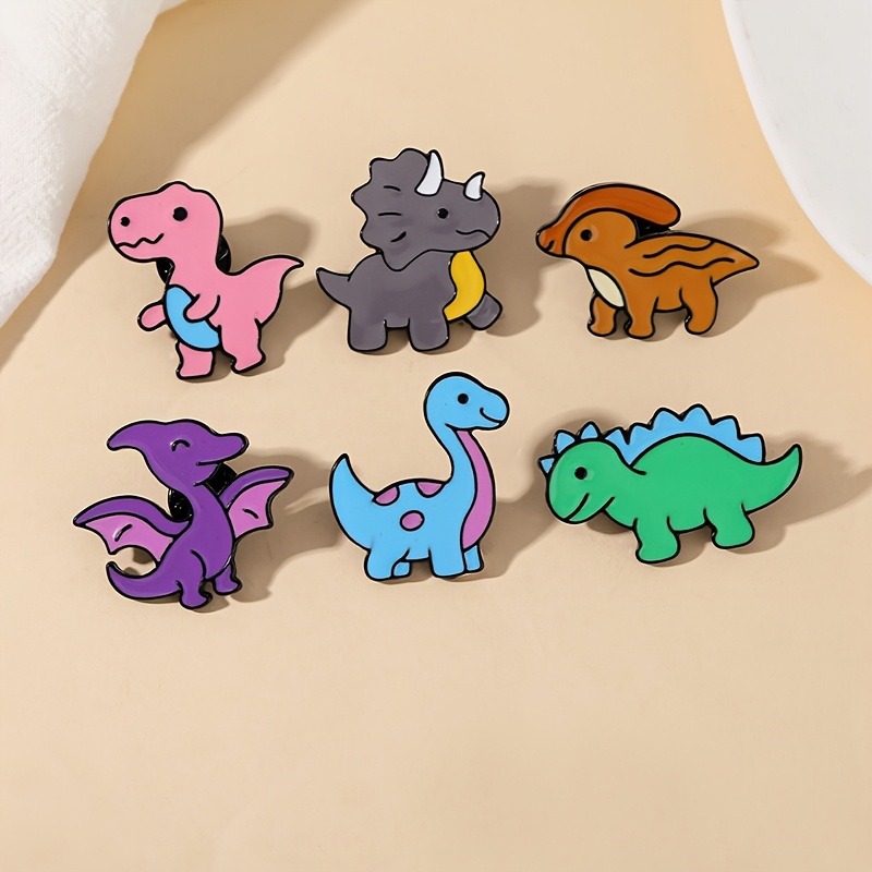TEMU 6pcs Cartoon Dinosaur Brooch Set - Pterodactyl, Triceratops Alloy Enamel Pins, Cute Clothing Accessories