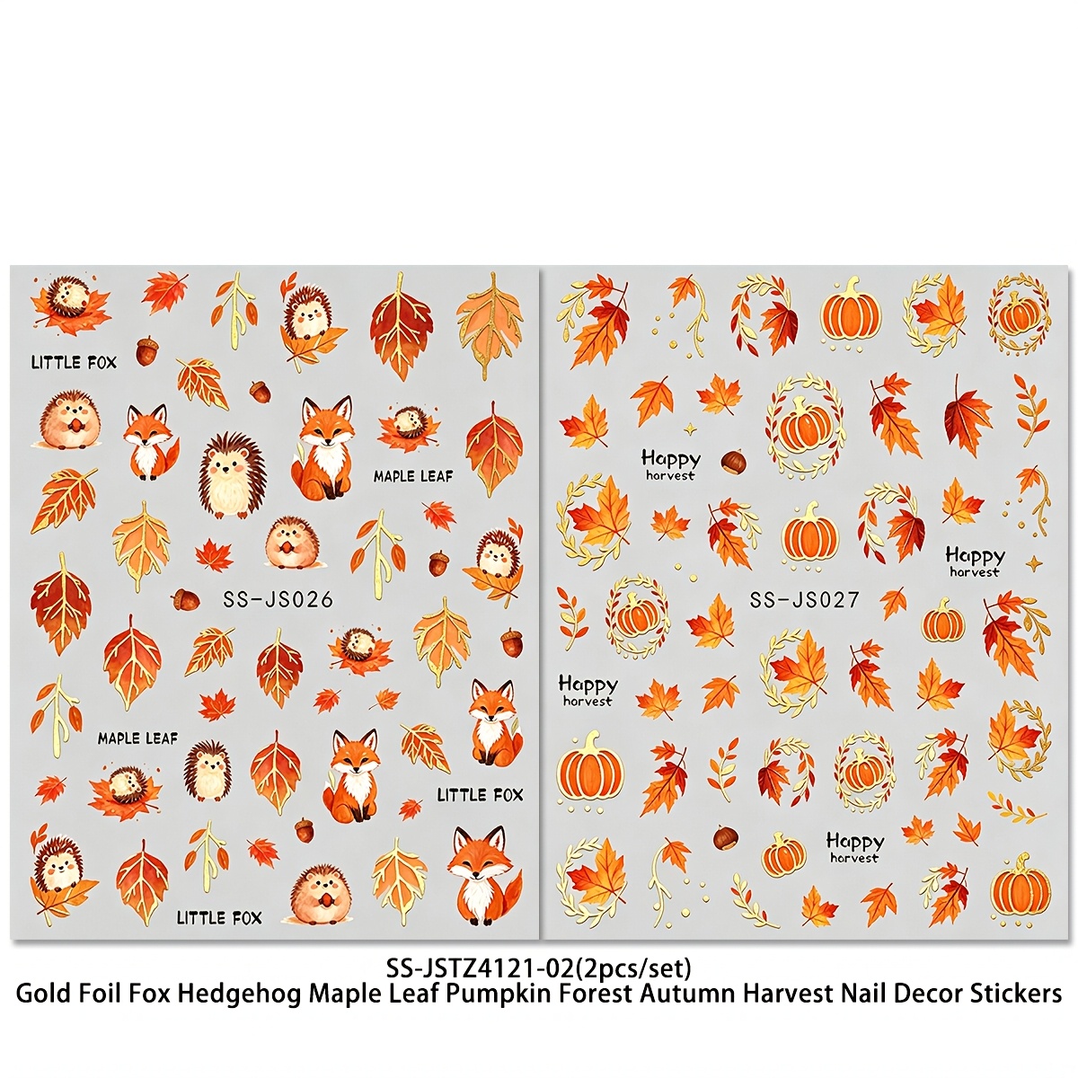 TEMU 2pcs Golden-plated Cartoon Fox And Hedgehog Nail Stickers With Maple Leaf, Pumpkin, And Pine Cone Patterns Are Suitable For Decorating Parties