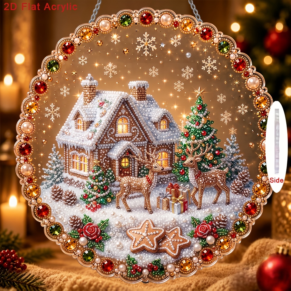 TEMU 2d/flat Printing New Acrylic Pearl Drill Pendant Kit Featuring A Christmas Gingerbread House Reindeer Pattern, Including Drill Tools And Pearl