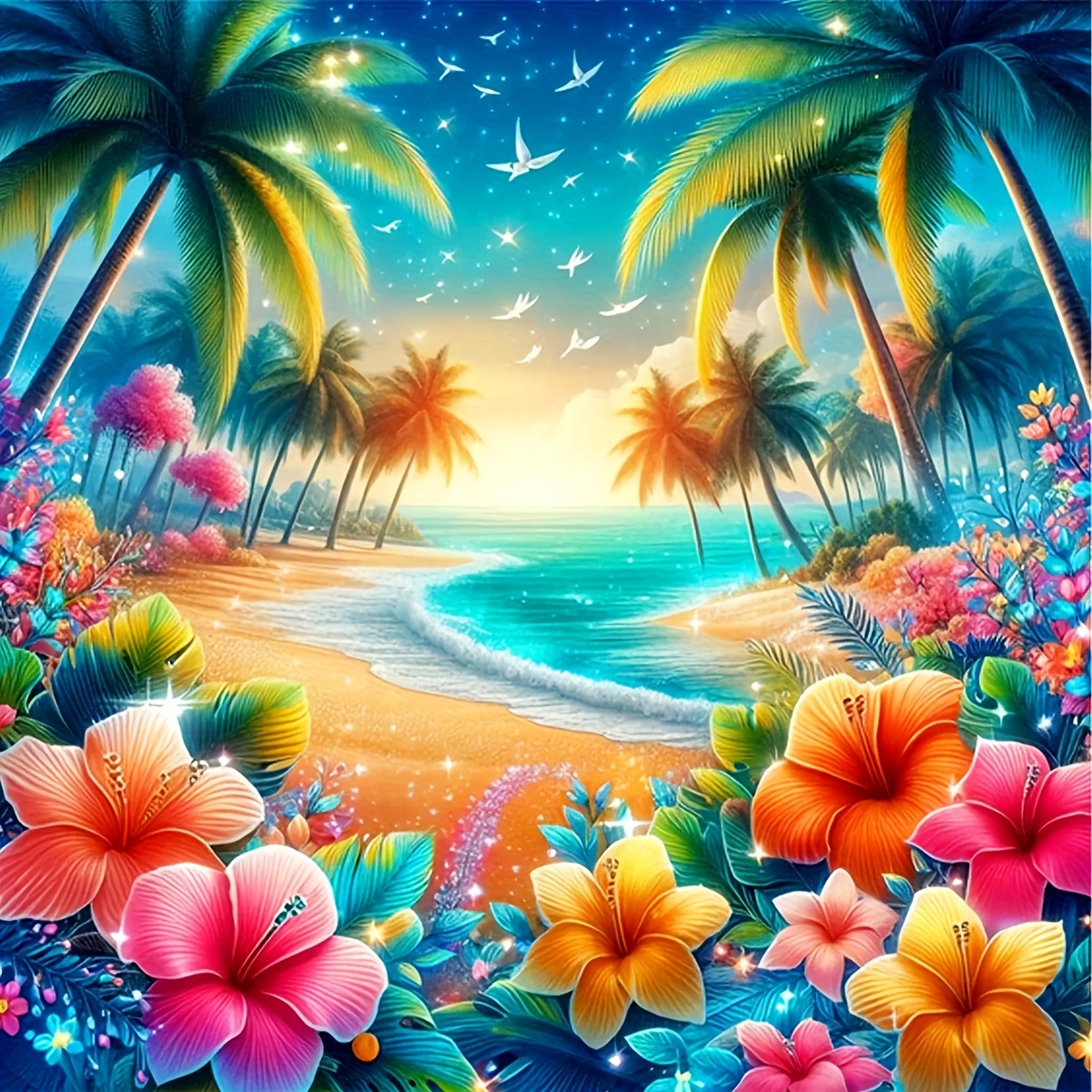 

Round Diamond Painting Kit 1pc - 30x30 Cm 5d Diy Full Drill Acrylic (pmma) Tropical Beach Scene Embroidery Art Craft For Wall Decor And Home Decoration, Frameless Unique Gift