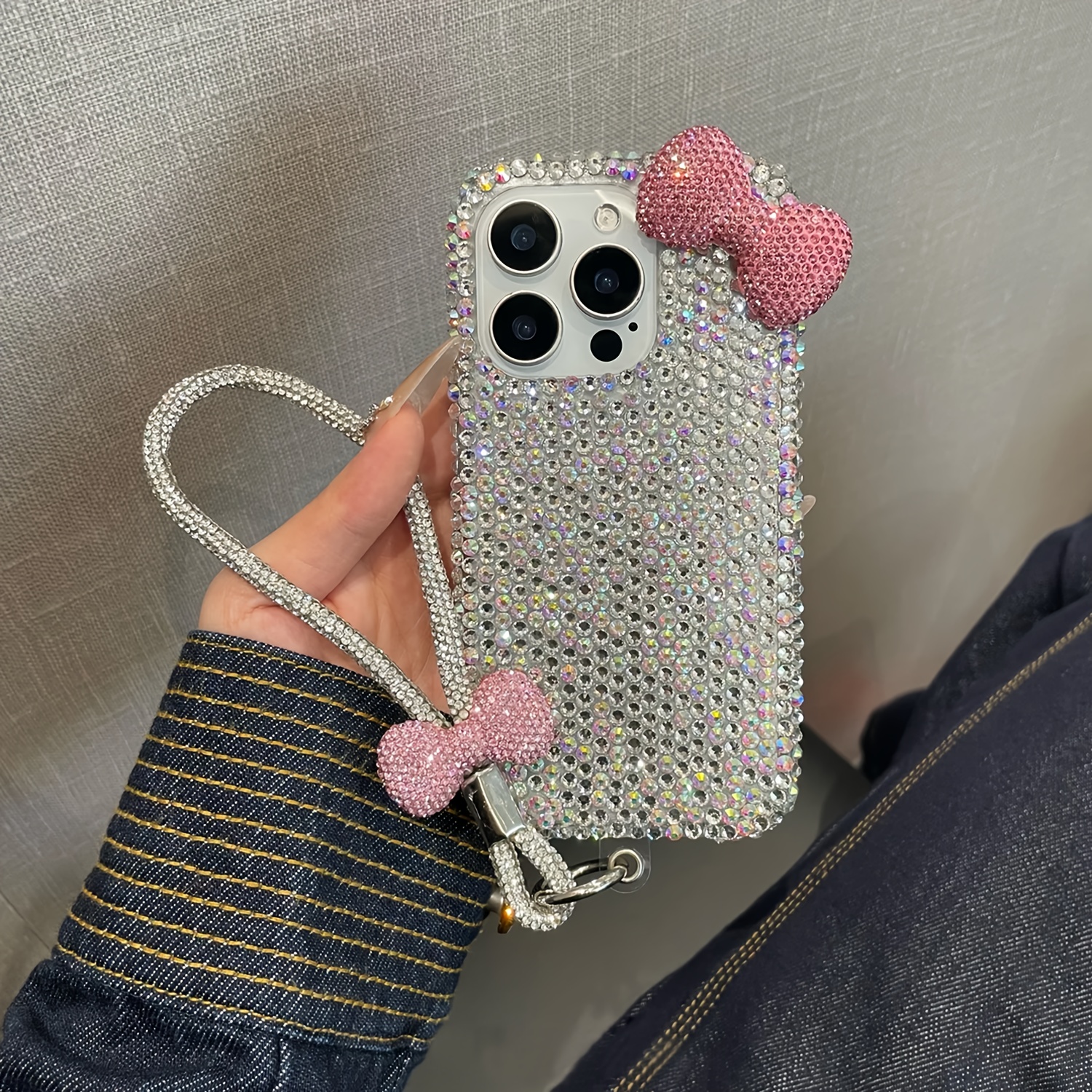 TEMU Phone Case: Simple Sparkly Rhinestone Small Bow Full-screen Rhinestone Phone Case With Bow Bracelet, Suitable For Iphone 17 16 15 14 13 Pro Max