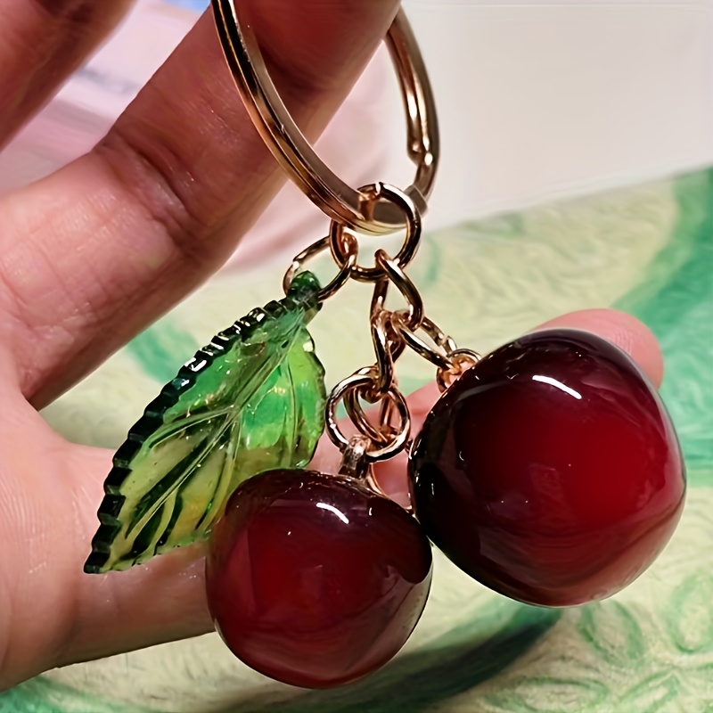realistic cherry keychain with glossy   green leaf charms   metal   shaped accessory for backpack wallet handbag cute gift for women mothers valentine s day durable key ring