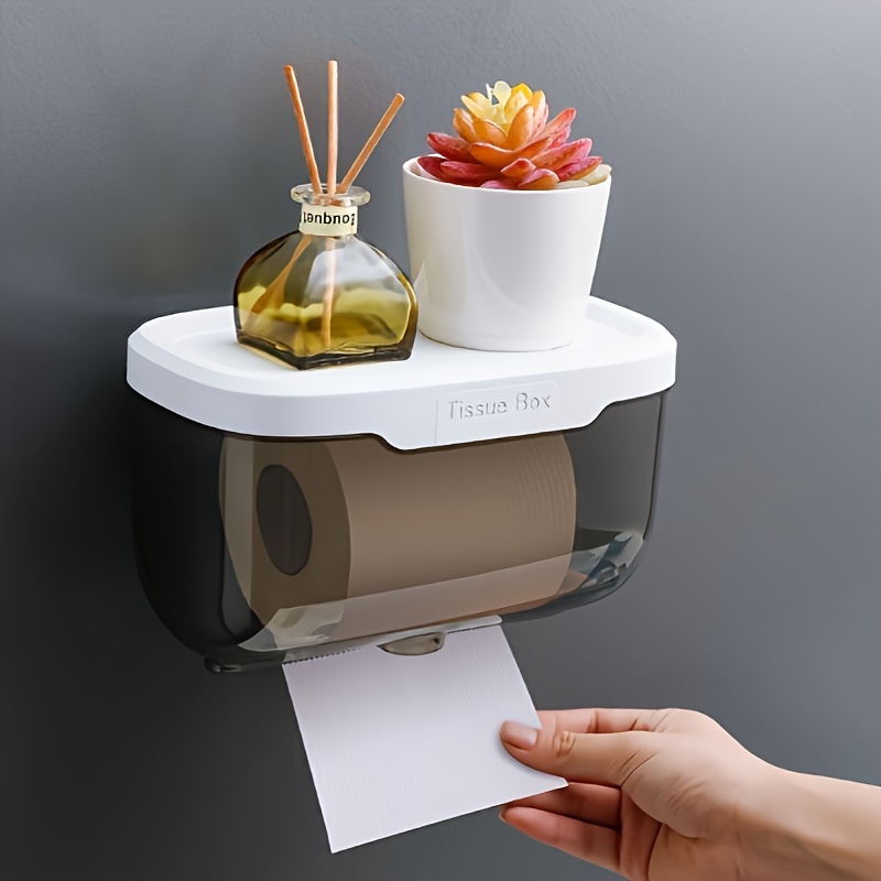 

Wall-mounted Tissue Holder Box, Waterproof Plastic Bathroom Tissue Organizer, No-drill Rectangle Tissue Rack, Bathroom Accessory With Storage Shelf