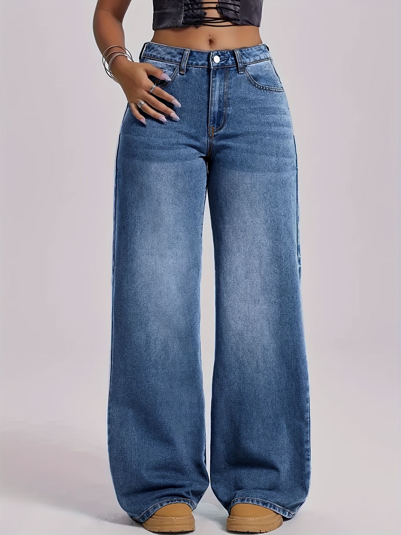 womens high waisted light washed straight leg jeans light colored denim pants with pockets high   loose fit trousers suitable for commuting parties   wear hand washable classic straight leg pants
