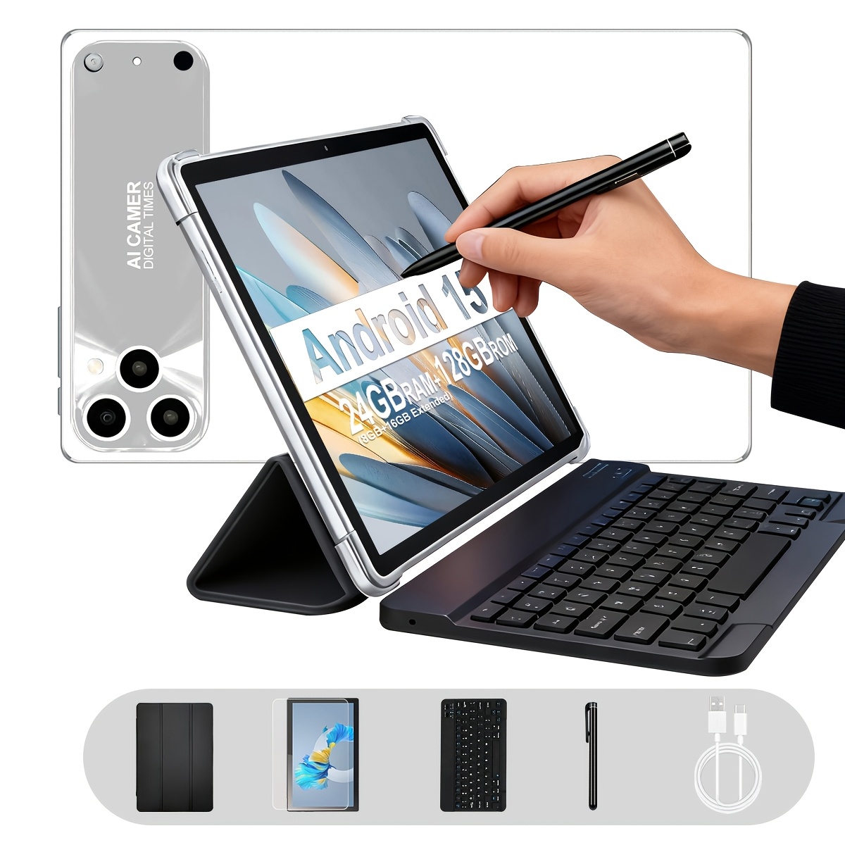 10.1 Inch Tablet With 4g And Keyboard, 24gb (8gb+16gb Expansion) 128gb Rom, 8mp+16mp Camera, 6000mah Battery, 15, Phone Calls And Internet, Includes Screen Protector, Keyboard Case, Wireless Keyboard