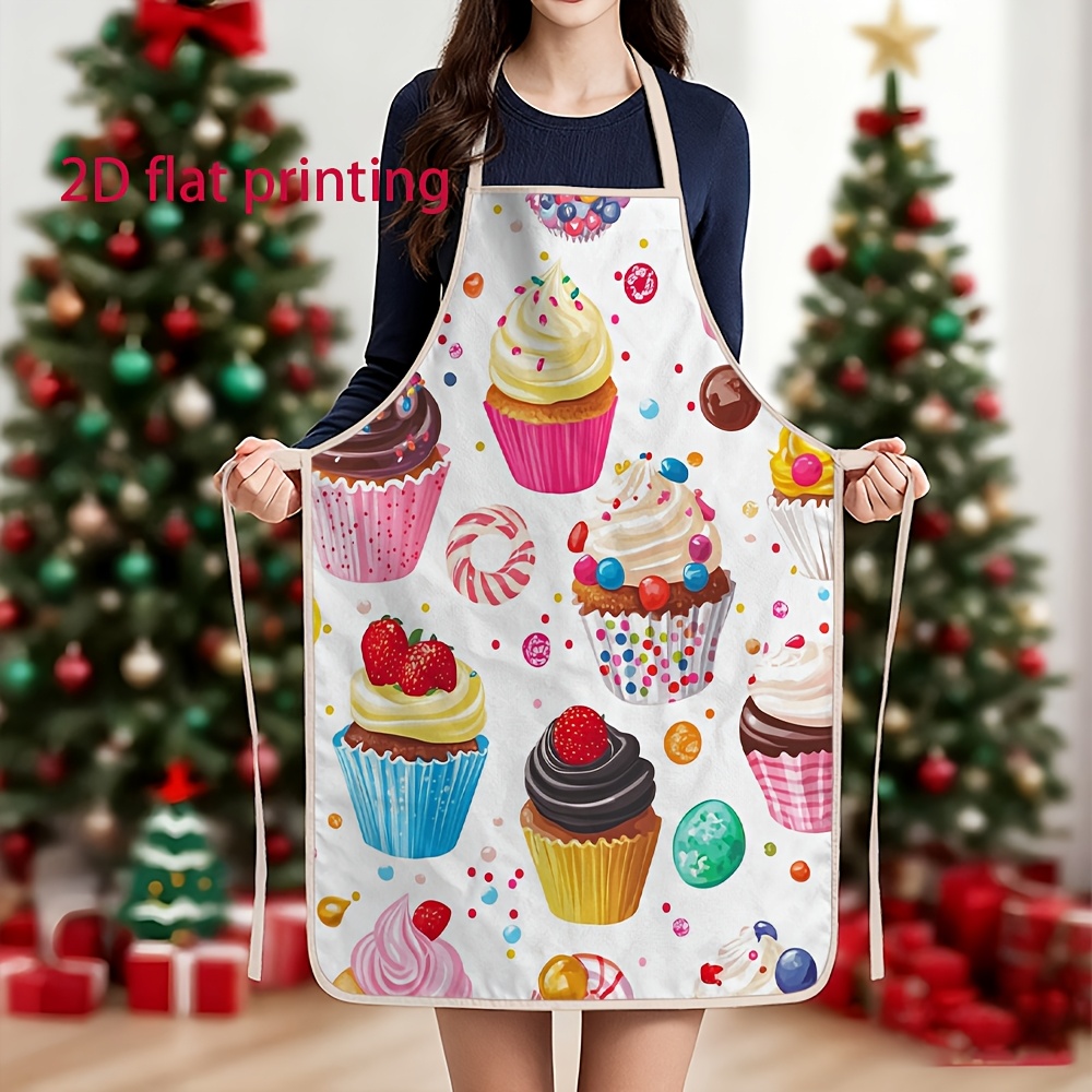 TEMU Unisex 2d Flat Apron With Cute Cupcake Print, Kitchen Apron For Cooking And Baking, Christmas Apron For Parties - Halloween, Christmas,