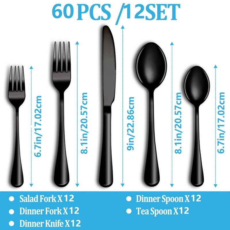 Set Posate 60 Pezzi Per 12 Persone In Acciaio Inossidabile, Servizio Di Stoviglie Completo Con Forchette, Coltelli E Cucchiai, Elegante E Lavabile In Lavastoviglie
