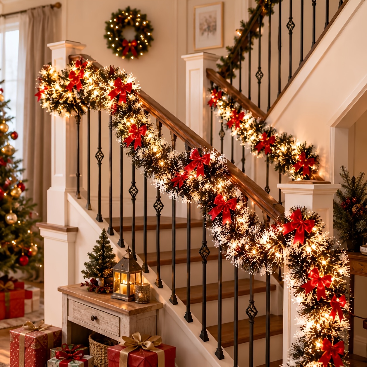 TEMU Guirlande de Noël en étincelles avec nœuds rouges et lumières LED blanches chaudes, guirlande décorative pour rampe d'escalier, fenêtre, porte,