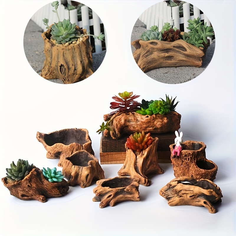 

1pc, Succulent Clay Imitation Wood Sculpture Plant Flower Pot Plant Bonsai Desktop Flower Arrangement Container For Indoor Home Decor