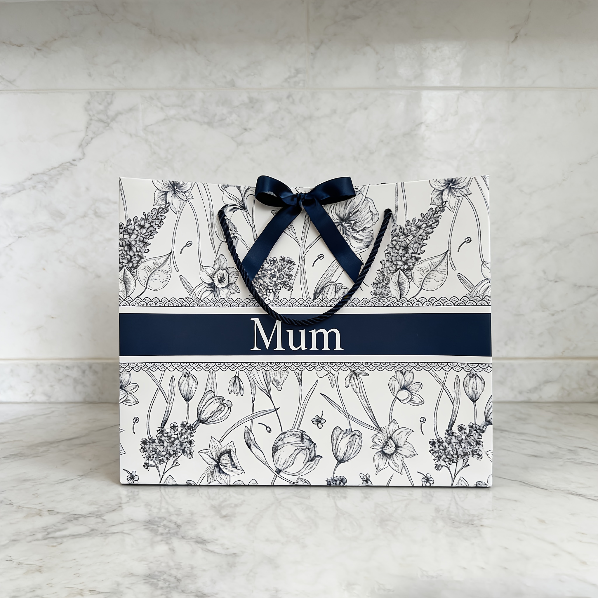 Image of Gift For Her/him 1-piece Custom Personalized Navy Blue And White Floral Gift Bag, Vintage Flower Tote Bag, Holiday Favor Paper Bag, Bridesmaid Bachelorette Party Gift, Custom Gift Bag