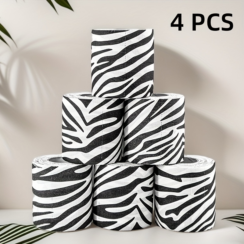 TEMU 2026 4pcs, Zebra Pattern Toilet Paper And Tissue Rolls, Fun Toilet Paper, 4-ply Design, Wood Paper Roll, Bathroom Supplies, Cleaning Supplies,