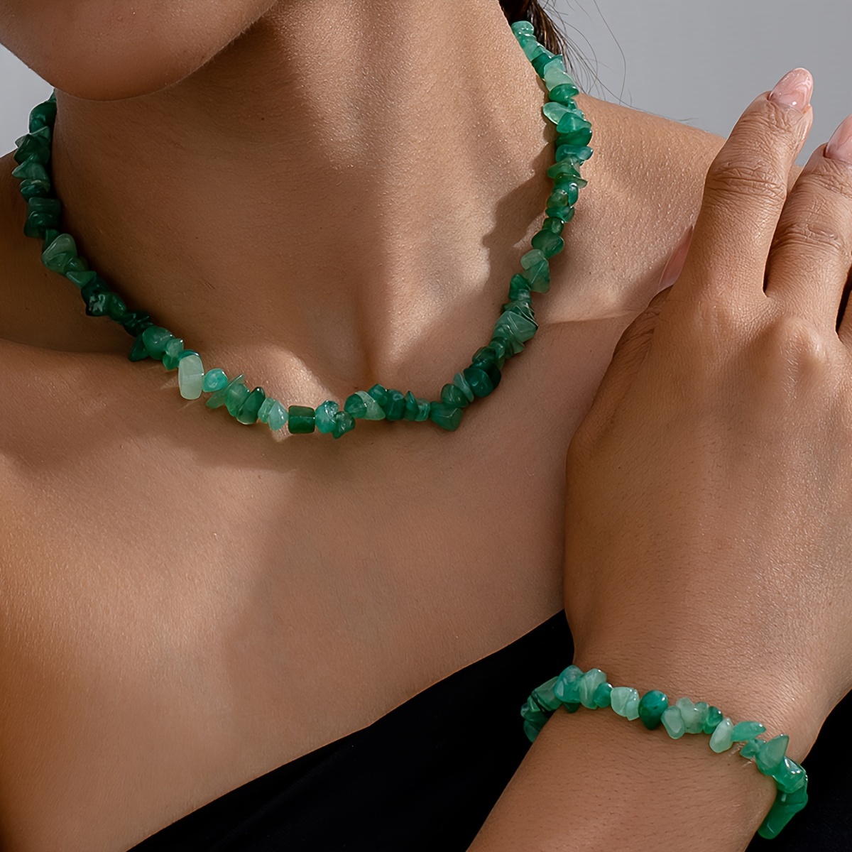 

Ensemble 1pc Collier + 1pc Bracelet en Pierre Naturelle Verte , Bijoux et Polyvalents pour la Plage et les Vacances