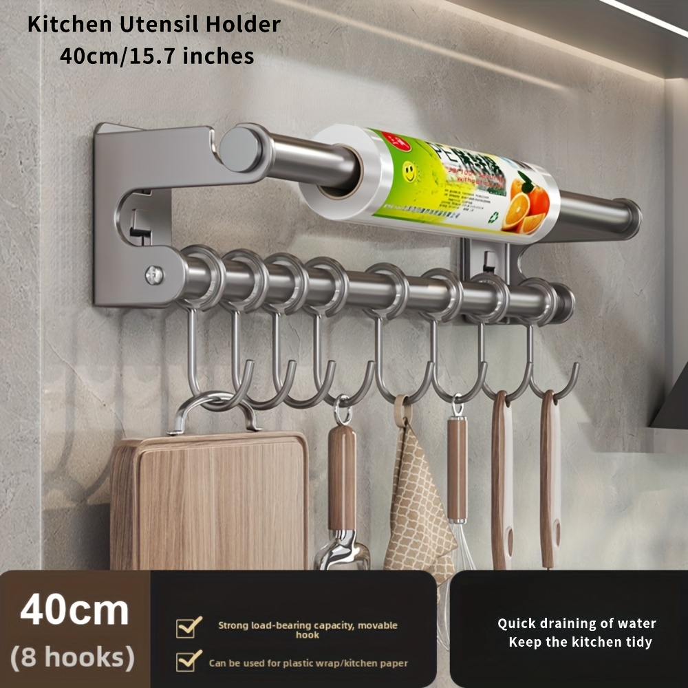 2-Pack Aluminum Wall-Mounted Rail With 8 Sliding Hooks Each - 40cm Kitchen Utensil Holder, Holds Up To 20kg