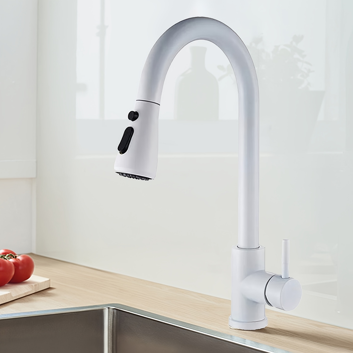 White Kitchen Sink Faucet With Pull-out Spray, Swivel Single-handle High-, Commercial Rv And Kitchen Faucet, Single-hole Installation