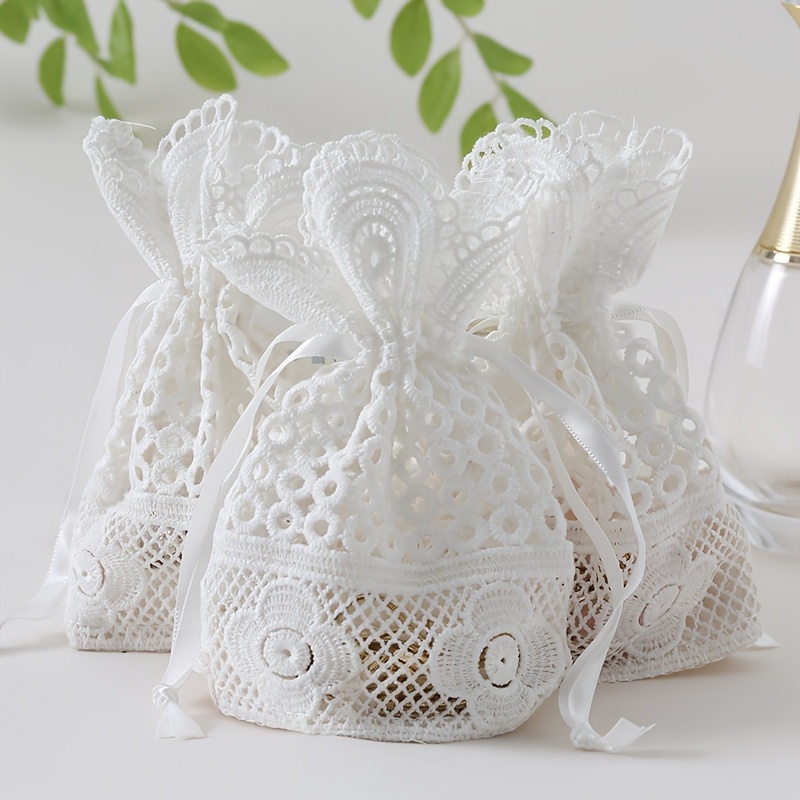 Image of 12pcs White Embroidered Gift Bags - Drawstring Lace Floral Bag, Suitable For Christmas Wedding Birthday Party Jewelry Craft Bags (white)