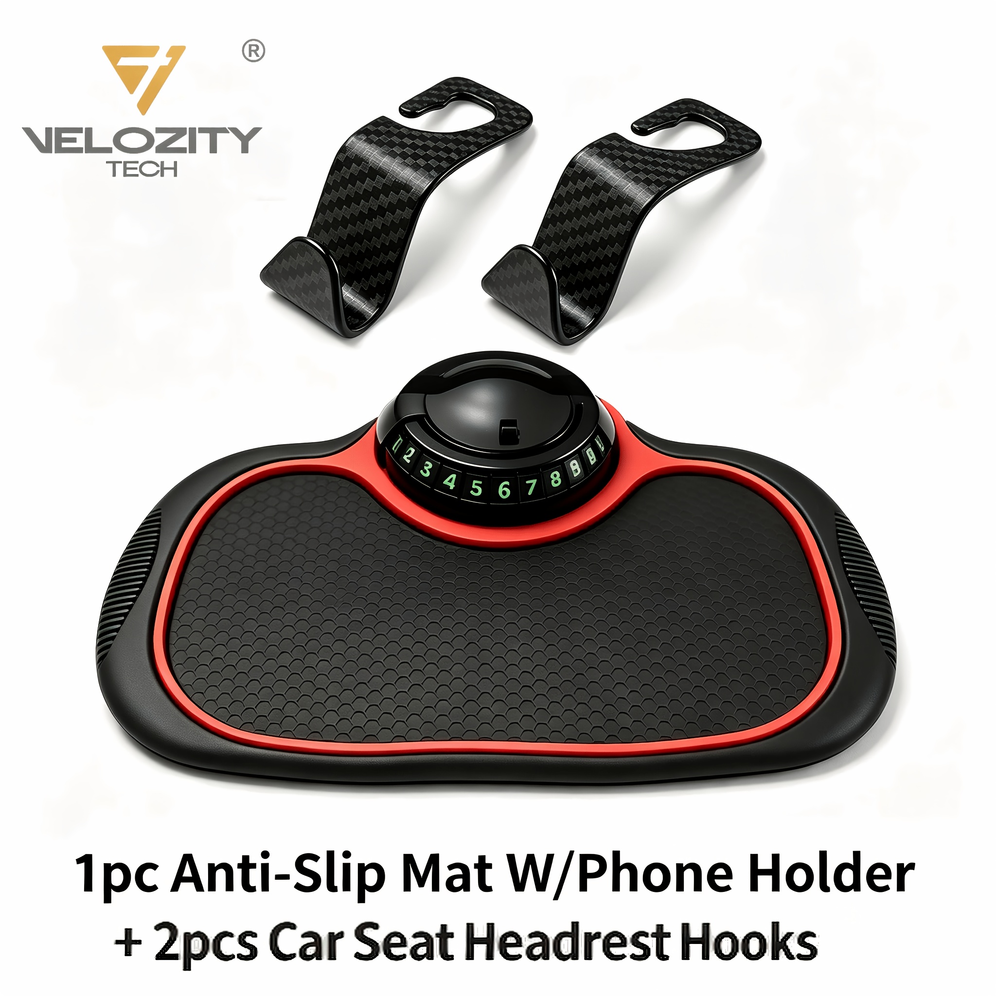 TEMU 1 Tappetino Antiscivolo per Auto e 2 Ganci per Sedili Auto, Nuovi Tappetini Antiscivolo Multifunzionali per Auto con Numero di , Porta Telefono
