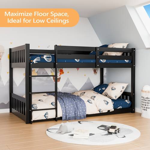 convertible bunk bed featuring a movable ladder safety and design ideal for compact spaces and low ceilings which transformed into two individual twin beds