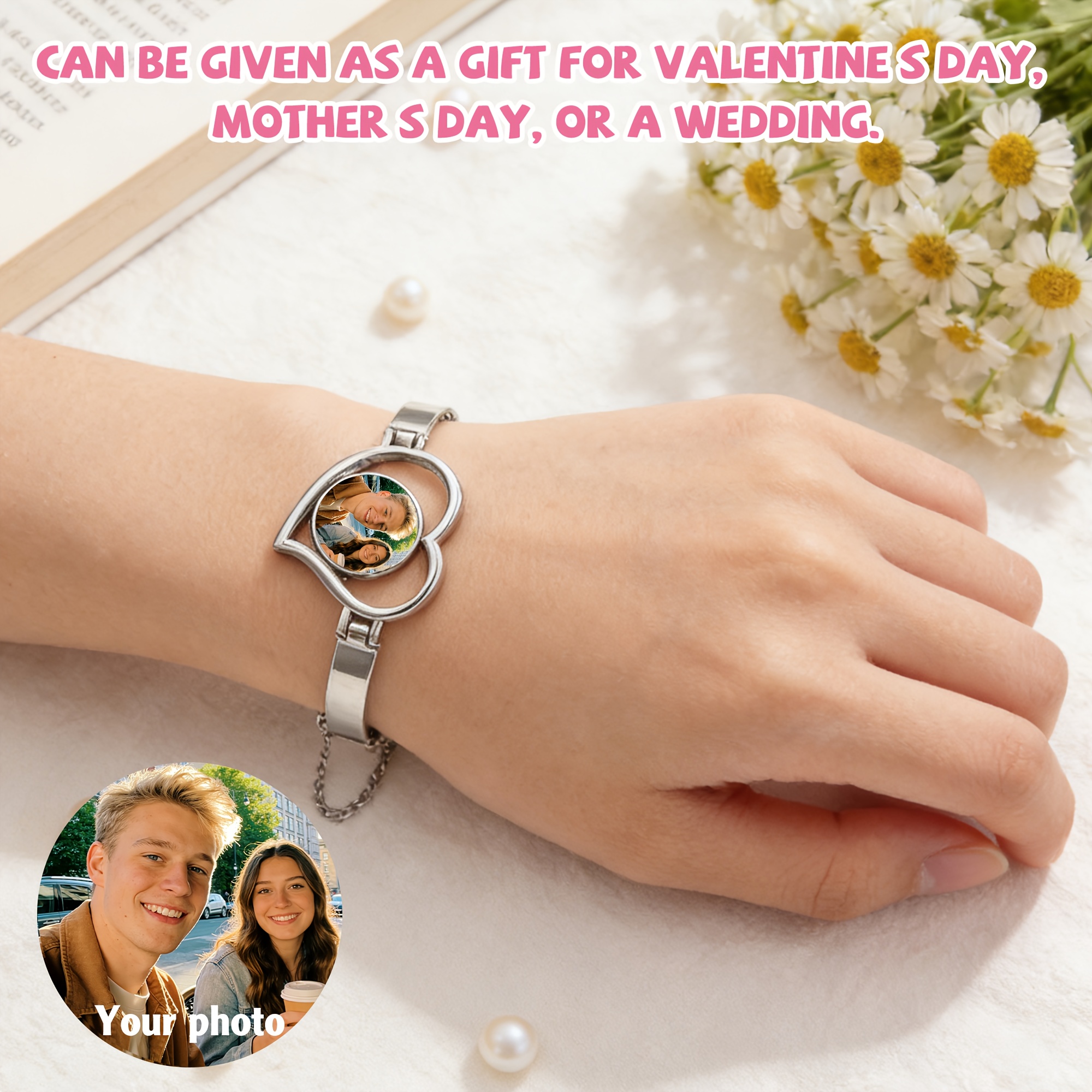 Custom Photo Heart-Shaped Bracelet, Personalized Gift for Her