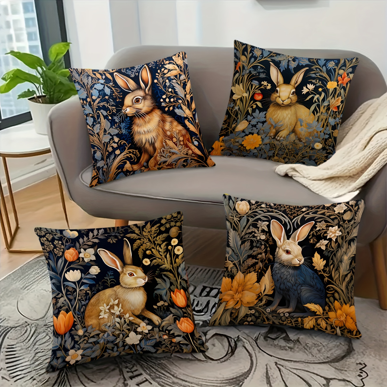 

Vintage Forest Art Rabbit Floral Short Fleece Throw Pillow Covers - 4 Pieces, 18x18 Inches, Zipper Closure, Machine Washable, Suitable For Various Room Types, Super Fine Fiber Material