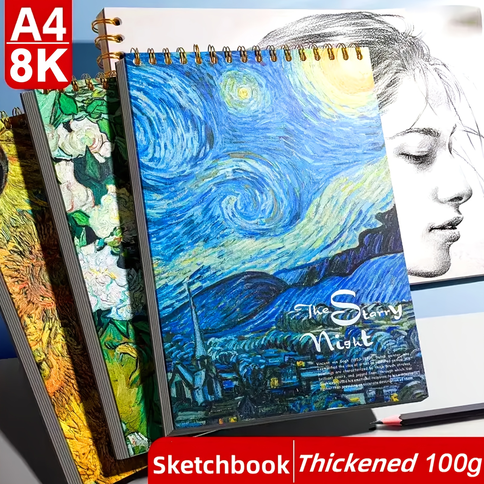 

1pc Carnet de A4 de Van Gogh - Nuit Étoilée, 60 Pages, Reliure Spirale, 'Art pour Étudiants avec Épais de 100g, Idéal pour le Dessin & la Peinture