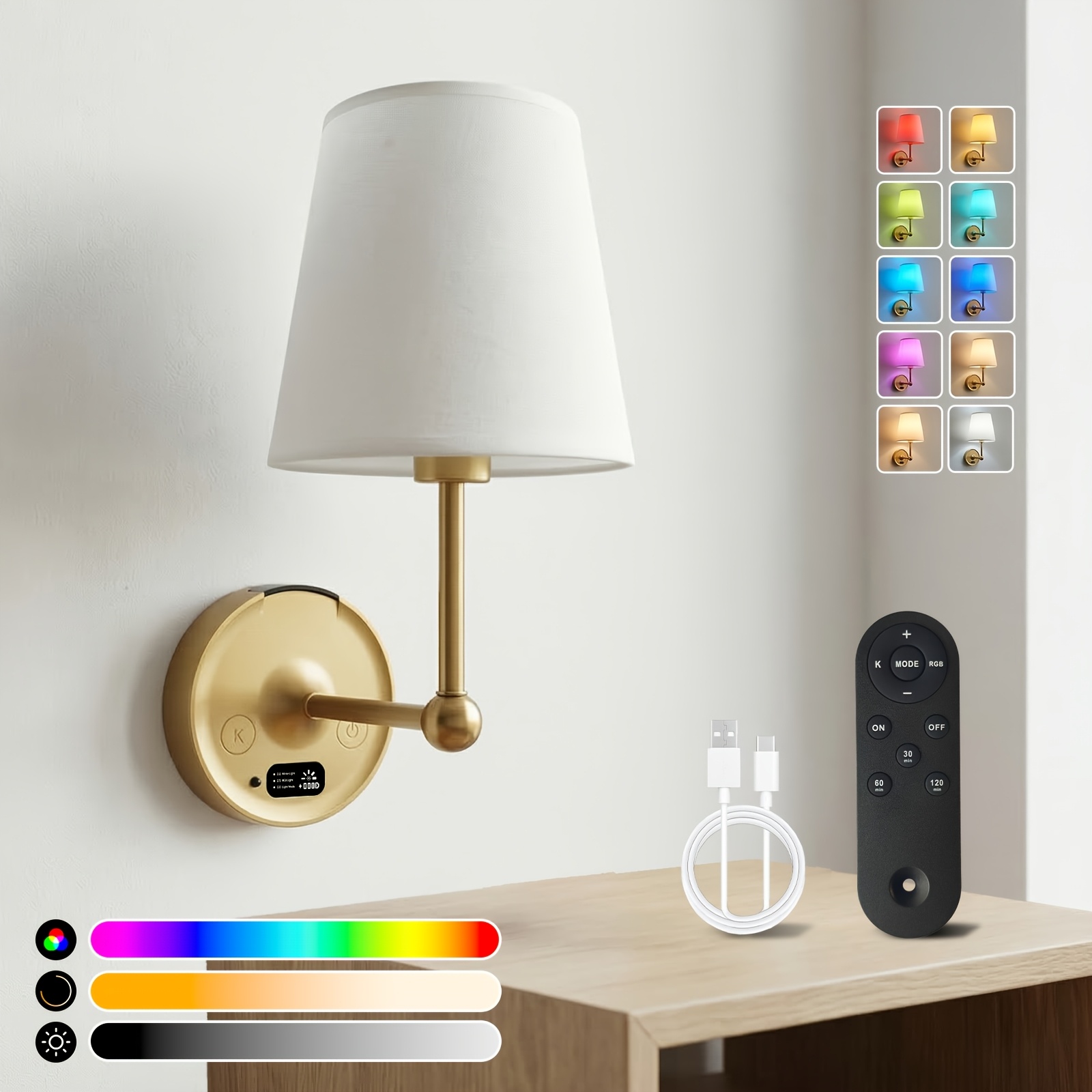1er Pack Kabellose Wandleuchte, (inklusive Glühbirne) Batteriebetriebene Wandlampen, 7 RGB 3 Farbtemperaturen dimmbare abnehmbare Batterie-Wandleuchten, 2000-mAh-Akku Fernbedienung, wiederaufladbare