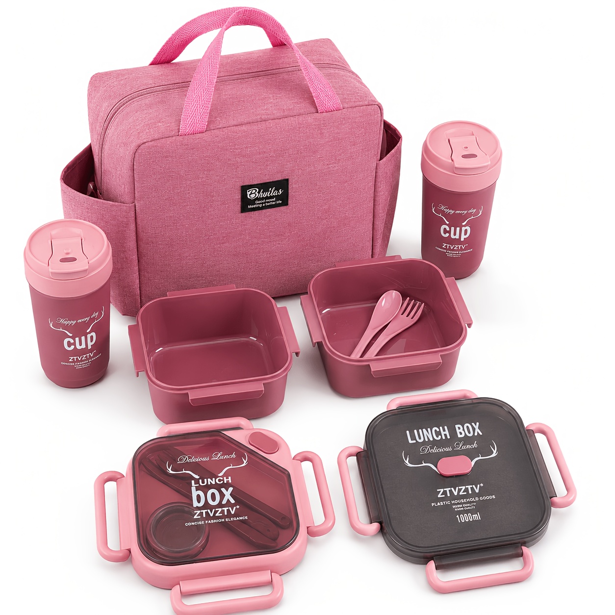 TEMU 10pcs Double-layer Multi-compartment Bento Box Set. Includes Bento Box, Coffee Cup, Condiment Container, And Insulated Lunch Bag; Suitable For -
