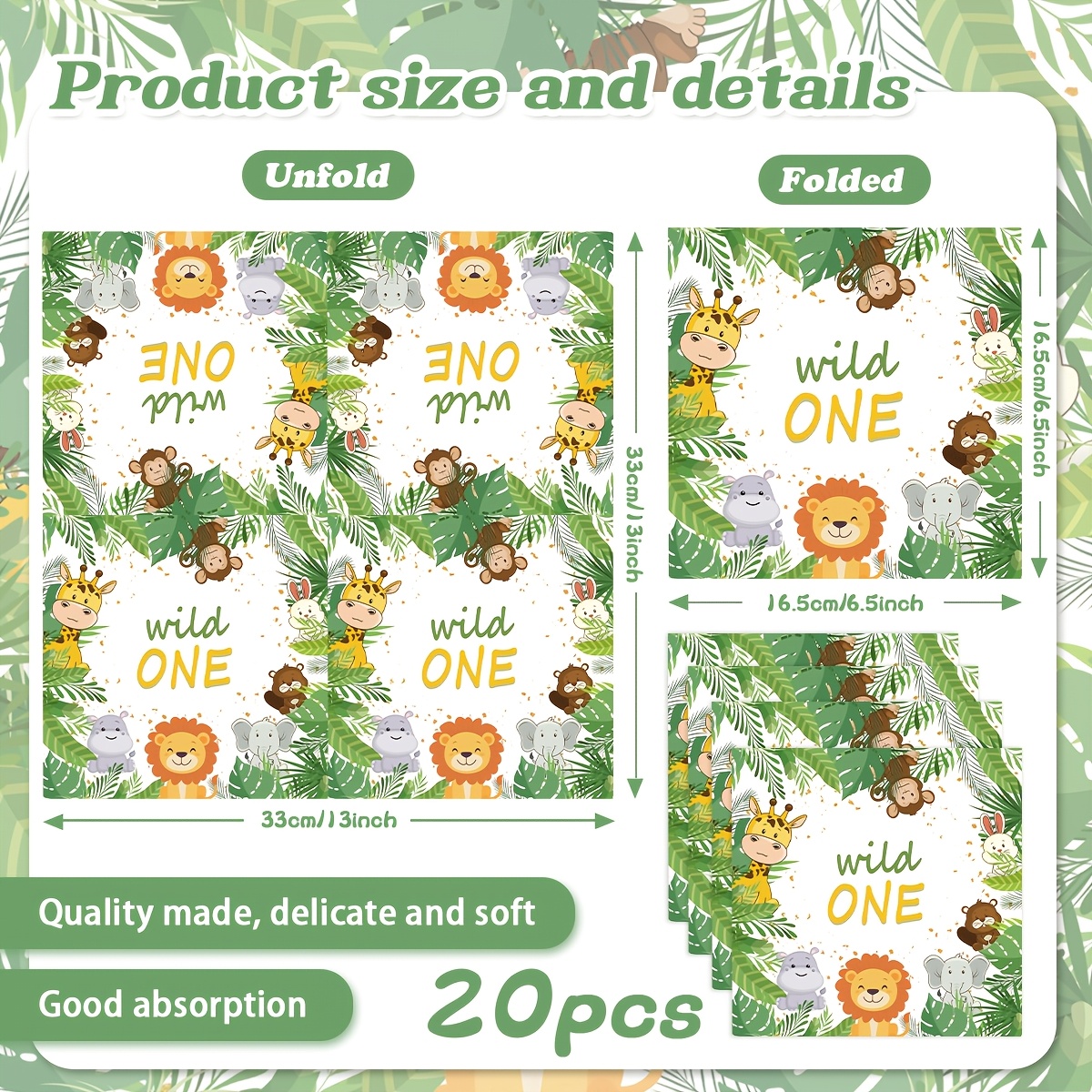Wild 1 Forest Animal Theme Party Napkins, Dinner Napkins, Lunch Napkins, Birthday Party Table Decorations