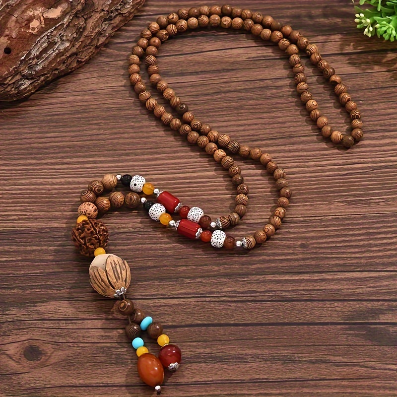 TEMU Chic Vintage-inspired Long Wooden Bead Sweater Necklace For Women - Accessory For & Parties