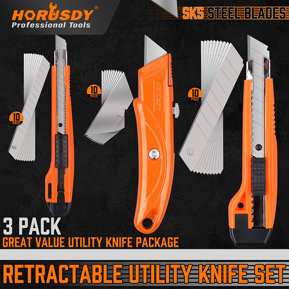 

Horusdy 33-pack Retractable Utility Knife Set Box Cutter For Boxes, Cartons, Cardboard Cutting, Heavy Duty Aluminum Shell 30 Blades Included 19mm, 18mm, 9mm, Wide Blade Cutter