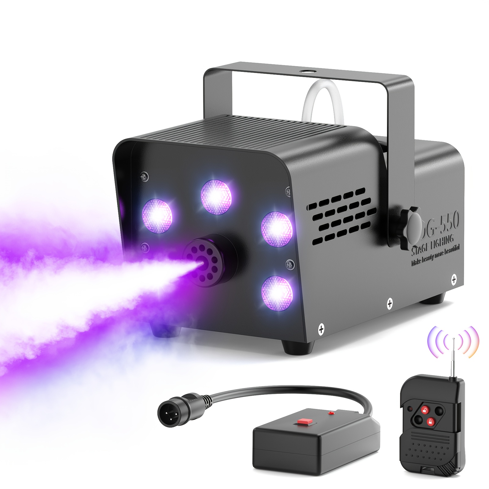 550  DMX512 Compatible Fog Machine with RGB 5-Color LED Lights, 3   ( /Flashing/Strobe), 2 Nozzles & 2 Fans - High-Pressure Spray for Clubs, Weddings, Halloween, Christmas, Stage Effects - Black, Dj Lighting Equipment, Sleek Device Design, Durable Construction, Event Effects, Portable Design, Reliable Performance, Event Planners
