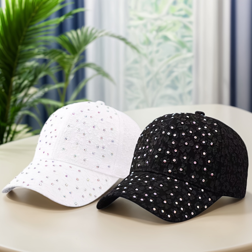 TEMU 2pcs Women's Baseball Caps, Fashionable Small Flower Rhinestone Decoration, Adjustable Sun Hat