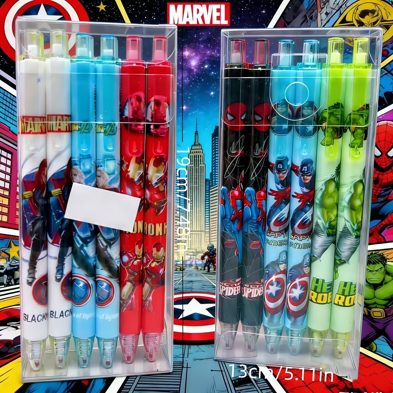 E-shop Marvel 12-teiliges Gel-Kugelschreiber-Set mit „Avengers“-Thema, Bürobedarf, Schulanfang-Grundausstattung. Marvel -Thema mit Cartoon-Designs. Ein