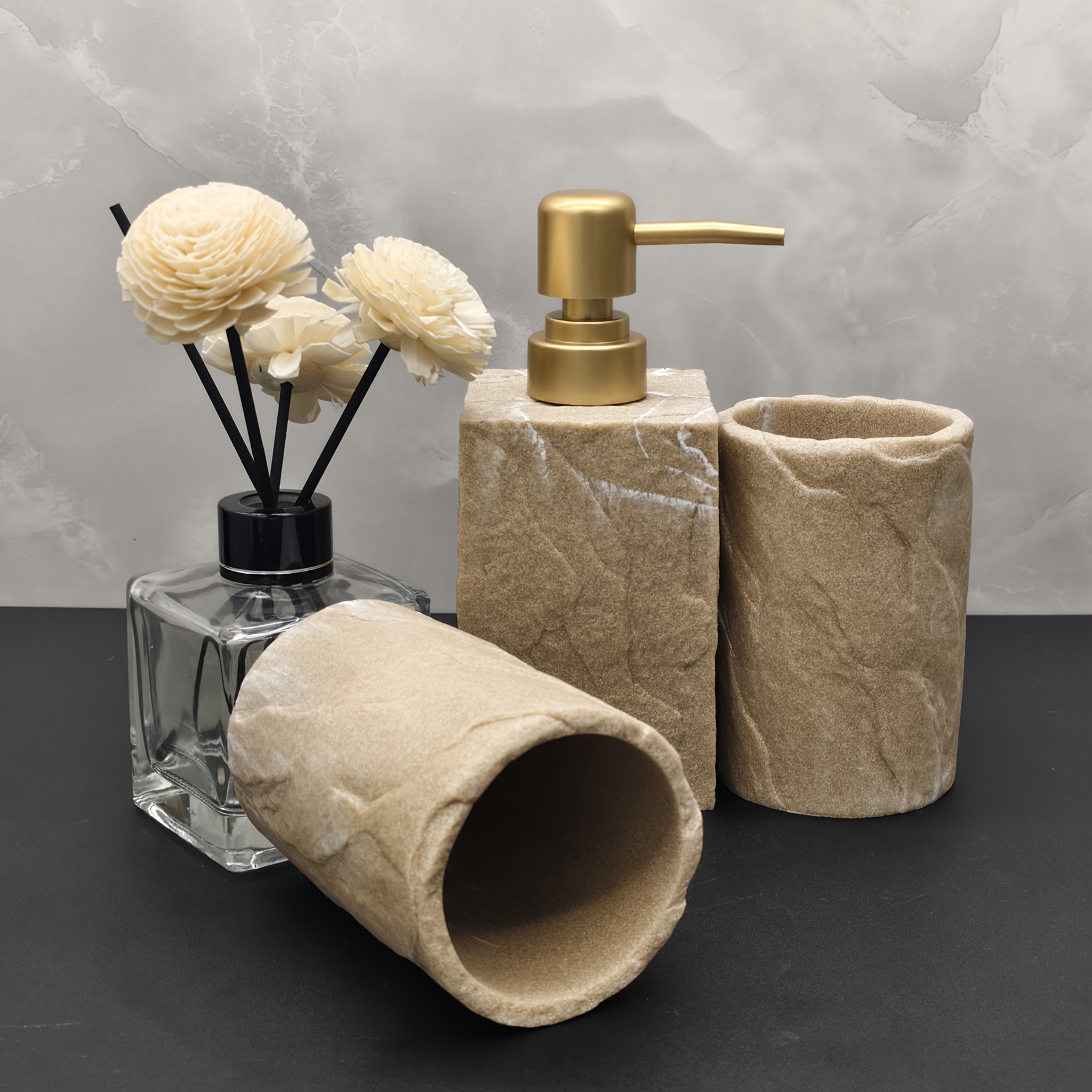 3pcs Bathroom Additions Set, Including 2 Bathroom Mouthwash Cups And 1 Soap Dispenser Bottle, Suitable for Hotel And Small Family Bathroom Kitchens