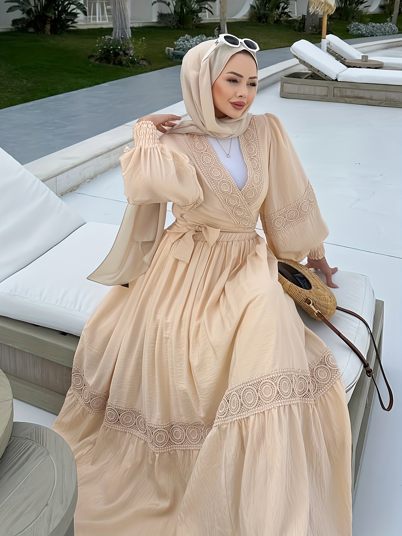 sachin and babi light blue dress Solid Color Women Maxi Dress Muslim Lace Up Elegant Full Sleeves Simple  Abaya main image 0