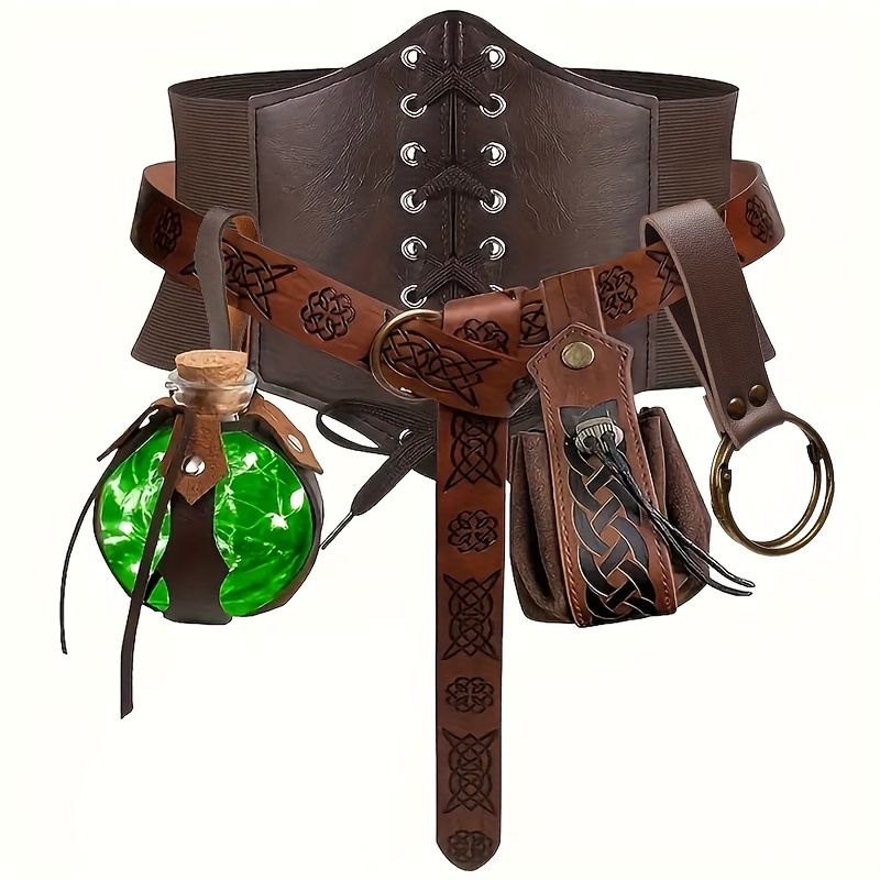 Image of 5pcs Vintage Renaissance Medieval Waist Belt & Pouch Accessory Set, Larp Cosplay Costume Props With Cork Bottle, Halloween & Party Decor