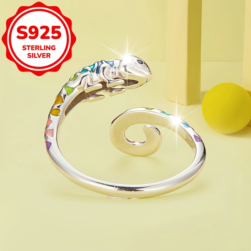 Women's Adjustable Multicolor Chameleon Open Ring, S925 Silver