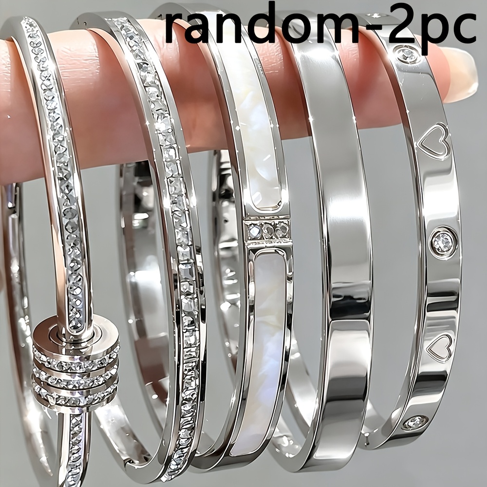TEMU Random 2pcs 304 Stainless Steel Bracelet Set For Women, Fully Inlaid With Synthetic /shell Inlay/heart-shaped Engraving, Waterproof,